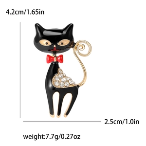 Cartoon Brosche schwarze Katze mit roter Schleife, weißen Steinen und Maßen