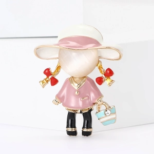 Broche fille mignonne en émail rose et alliage doré pour accessoires de mode