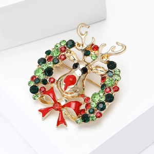 Broche couronne de renne de Noël exquise avec cristaux colorés et un nœud rouge élégant