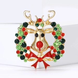 Broche de renne couronne de Noël exquise en alliage d'or et strass colorés