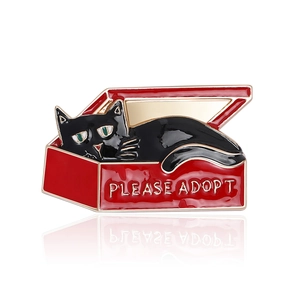 Mode Alliage Goutte Huile Émail Chat Noir Boîte Broche Please Adopt Mignon Dessin Animé Animal Vêtements Corsage Badge Accessoire Épingle Pour Femmes