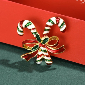 Christmas Enamel Candy Cane Brooch With Red Bowknot Holly Leaves Rhinestone Alloy Festive Lapel Pin Jewelry Gift For Women