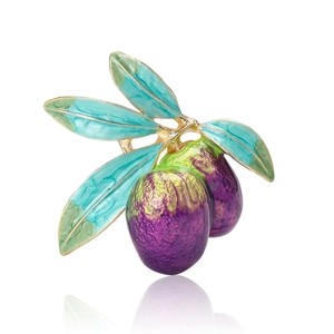 Enamel olive branch brooch with gold trim and vibrant berries on a white background
