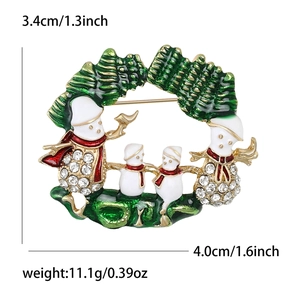 Broche couronne de bonshommes de neige avec strass, dimensions 3,4 cm par 4,0 cm