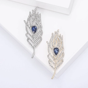 Elegant Alloy Feather Brooch With Rhinestone And Blue Artificial Stone Inlaid Fashion Jewelry For Women Banquet Wedding Accessories