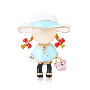 Broche créative petite fille en émail avec sac rose et cristal sur fond blanc pur