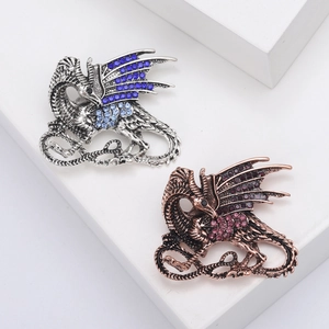 Vintage Alloy Fire Dragon Brooch For Women Antique Copper Silver Rhinestone Inlaid Animal Shape Clothes Accessory Pin Jewelry