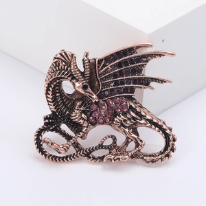 Vintage bronze dragon brooch with purple rhinestones for suits and coats