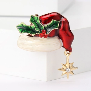 Alloy Enamel Christmas Hat Brooch With Gold Star Pendant Rhinestone Santa Hat Jewelry Pin For Women Men Holiday Gift