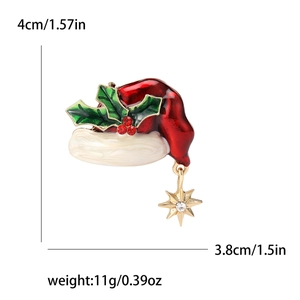 Creative enamel Christmas hat brooch with holly leaves and a gold star pendant