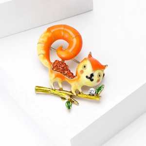 Detailed view of squirrel brooch with orange enamel finish and sparkling rhinestones