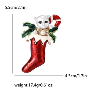 Christmas cat in stocking alloy brooch with white pearls and candy cane, size 5.5cm