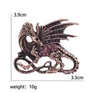 Vintage bronze dragon brooch with purple rhinestones, 3.9cm height flying dragon pin