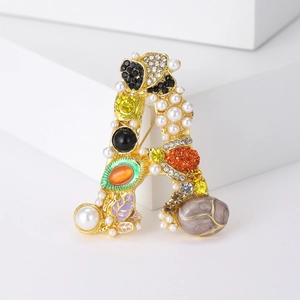 Vintage Gold Plated Alloy Letter A Brooch With Imitation Artificial Pearl Rhinestone Enamel Leaf Jewelry For Women Party Daily Accessory