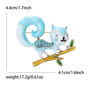 Cute enamel squirrel brooch with blue rhinestones and gold-tone finish 4.4cm size