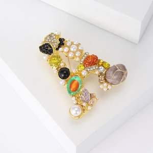 Retro gold letter A brooch with pearls, colorful rhinestones and vintage gemstones
