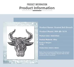 Detailed size chart and specifications for the enamel bull head brooch and pendant