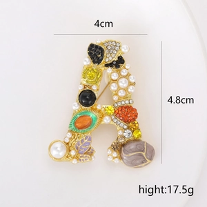 Vintage gold letter A brooch with pearls and colorful rhinestones for women