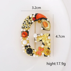 Classic gold alloy letter G brooch with pearls and colorful rhinestones for women