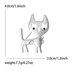 Broche chat argentée avec cristal rectangulaire et perle pendante, hauteur 4,0 cm