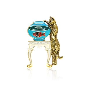 Broche en Alliage d'Émail de Chat et Bocal à Poissons pour Femmes Mode Animal Goutte d'Huile Épingle de Revers Bijou Accessoire