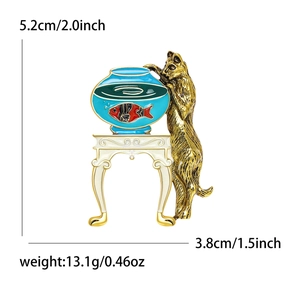 Broche créative en émail chat et bocal à poissons en alliage doré pour accessoires