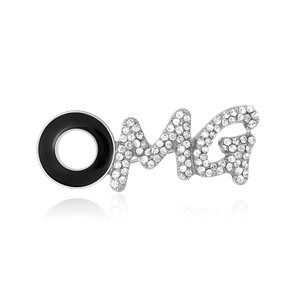 Vintage rhinestone OMG letter brooch with black enamel and silver tone metal finish