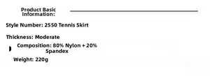 Dettagli gonna da tennis con tessuto 80% nylon 20% elastan e peso di 220g
