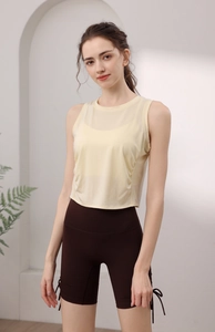 Detail view of Tencel sports tank top and cycling shorts with side drawstring design