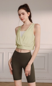 Detail view of high-stretch nylon jacquard sports vest and high-waist yoga shorts set