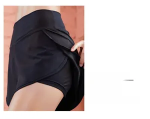Close-up of black women's athletic shorts featuring double-layer anti-exposure lining