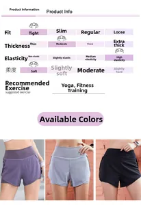 Detailed size chart and multi-color yoga shorts showing fit and quick-dry fabric texture