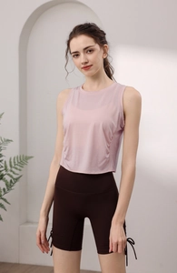 Detail of pink tencel sports tank top with side drawstring shorts for yoga and running