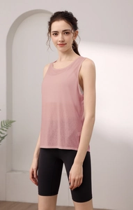 Detail view of lightweight pink tencel sports vest with a loose fit for yoga and fitness