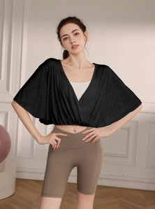 Detail of black jacquard batwing sleeve yoga cover-up with breathable mesh texture