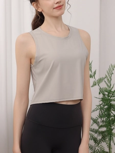 Débardeur Sport Côtelé Femmes Nylon Spandex Col Rond Sans Manches Crop Top Yoga Fitness Workout Gym Gilet