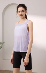 Detail of light purple tencel yoga vest showing breathable mesh texture and loose fit design