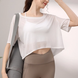 Damen Locker Lyocell Sport T-Shirt Atmungsaktiv Yoga Fitness Laufen Crop Top Kurzarm Sommer Workout Cover Up Top