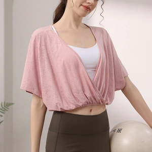 Women's Cropped Yoga Cover Up Top Cross Wrap Batwing Sleeve Jacquard Breathable Athletic Gym Training Workout Shirt