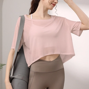 Damen Yoga-Überwurf aus rosa Mesh mit lockerer Passform und atmungsaktivem Tencel-Gewebe