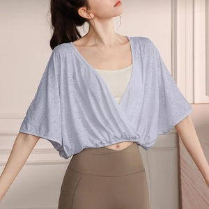 Women's jacquard batwing sleeve sports top with layered wrap design for yoga
