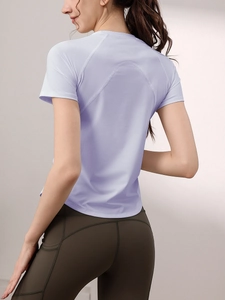 T-shirt sportiva lavanda da donna, asciugatura rapida con maniche raglan e bordo curvo