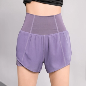 Short de Sport Femme Taille Haute Double Couche Yoga Running Bas Avec Poches Respirant Séchage Rapide Short Athlétique Gym