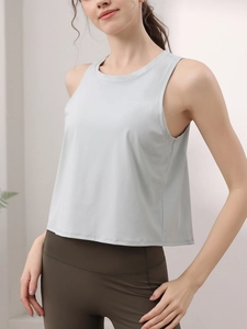 Canotta sportiva grigio chiaro in nylon da donna per corsa, yoga e fitness intenso
