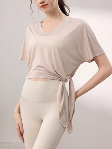 Haut de Yoga Ample pour Femmes Col en V Manches Courtes Lien Latéral T-Shirt de Sport Respirant Fitness Pilates Été