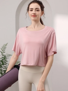 T-Shirt de Yoga Ample en Modal pour Femmes Respirant Manches Courtes Fitness Gym Crop Top Sportswear d'Été Maillot de Sport