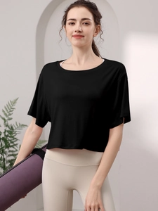 T-shirt de yoga en modal noir ample pour femme séchage rapide pour pilates et fitness sport