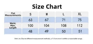Detailed size chart for women's high-waisted sports shorts showing S to XL dimensions