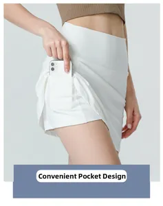 Close-up of white athletic skirt with side pocket for phone and inner liner shorts