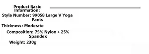 Specifiche dei pantaloni da yoga a vita alta con dettagli su tessuto e peso del materiale